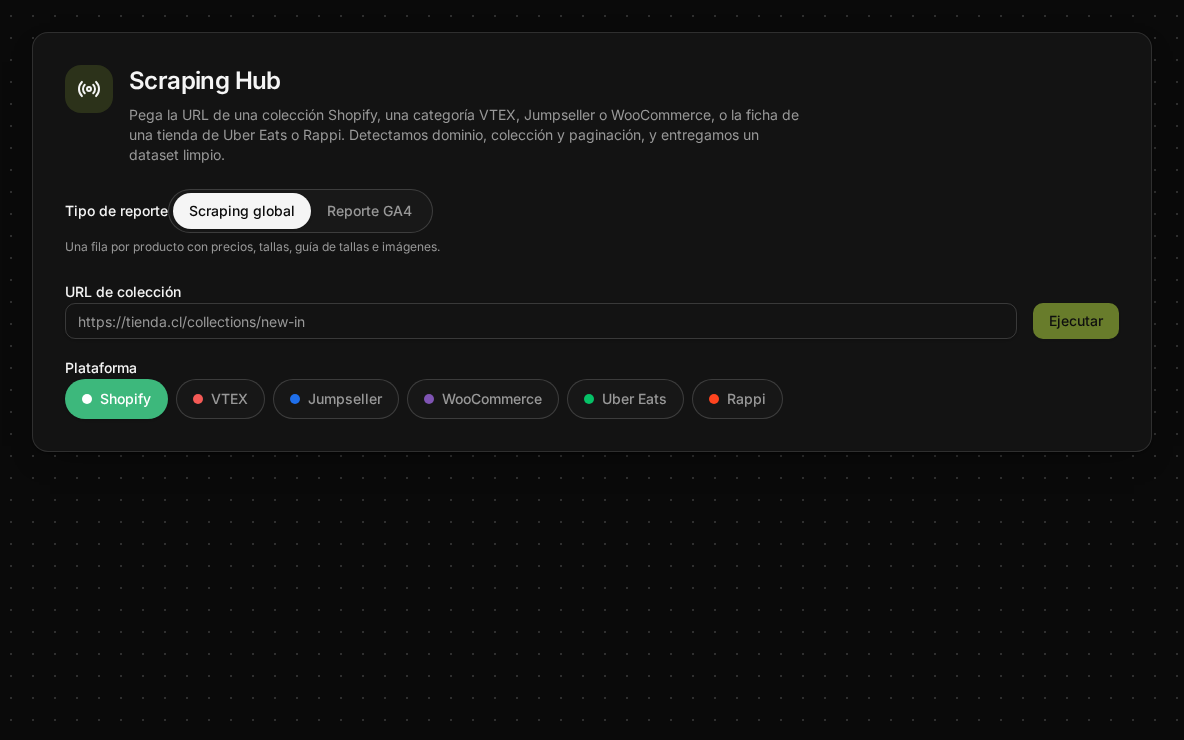 Vista de Scraping Hub
